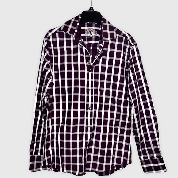 Bugatchi Shaped Fit Buttonup Graph Plaid Dress Shirt Embroidered Logo Sz M - Picture 2 of 14
